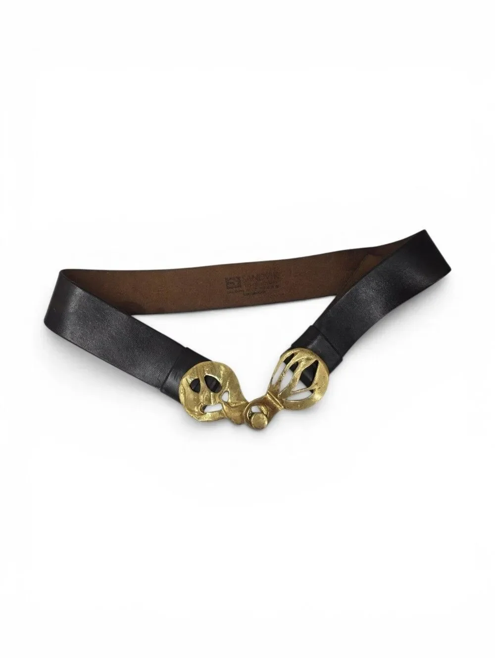 Vintage Deep Brown Leather Belt Gold Tone Brass Mod Brutalist Sculpted Buckles
